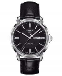 Lend a look of luxury with this handsome leather watch from Tissot's Automatic III collection. Lend a look of luxury with this handsome leather watch from Tissot's Automatic III collection.