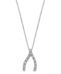 Make a wish! This good luck wishbone pendant shines with the addition of round-cut diamonds (1/10 ct. t.w.). Set in sterling silver with a rhodium-plated chain. Approximate length: 18 inches. Approximate drop length: 2/3 inch. Approximate drop width: 1/3 inch. Make a wish! This good luck wishbone pendant shines with the addition of round-cut diamonds (1/10 ct. t.w.). Set in sterling silver with a rhodium-plated chain. Approximate length: 18 inches. Approximate drop length: 2/3 inch. Approximate drop width: 1/3 inch.