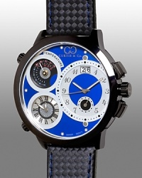 With a sophisticated blue and black PVD dial, featuring three time zones, a date display and a temperature gauge, this watch keeps you cool--and in the know. With a sophisticated blue and black PVD dial, featuring three time zones, a date display and a temperature gauge, this watch keeps you cool--and in the know.