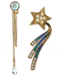 Shining star and stud. This pair of mismatch earrings from Betsey Johnson comes together in harmony. Crafted from antique gold-tone mixed metal with an array of glass accents, the stud and cuff-closure earrings offer a touch of eclectic elegance. Approximate drop, stud with linear chains: 2-1/4 inches; star with cuff: 1-1/4 inches. Shining star and stud. This pair of mismatch earrings from Betsey Johnson comes together in harmony. Crafted from antique gold-tone mixed metal with an array of glass accents, the stud and cuff-closure earrings offer a touch of eclectic elegance. Approximate drop, stud with linear chains: 2-1/4 inches; star with cuff: 1-1/4 inches.