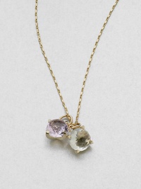 Faceted cabochons of softly hued green and rose de France amethyst sit in stunning sculptural settings of 14k gold, hanging from a graceful barley-link chain.Rose de France and green amethyst14k yellow goldChain length, about 16Pendant length, about ¼Spring ring claspMade in USA