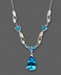 Swirls of 14k gold and sterling silver surround vibrant blue topaz gemstones (4-3/8 ct. t.w.). Necklace features a teardrop design and includes diamond accents. Approximate length: 14 inches. Approximate drop: 1/2 inch. Swirls of 14k gold and sterling silver surround vibrant blue topaz gemstones (4-3/8 ct. t.w.). Necklace features a teardrop design and includes diamond accents. Approximate length: 14 inches. Approximate drop: 1/2 inch.