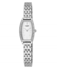 Crystals add beautiful sparkle to the clean lines of this watch by Citizen. Crystals add beautiful sparkle to the clean lines of this watch by Citizen.