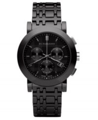 This Burberry watch features a black ceramic check bracelet an round black stainless steel case. Black chronograph dial with stick indices, logo, date window and three subdials. Swiss made. Quartz movement. Water resistant to 50 meters. Two-year limited warranty. This Burberry watch features a black ceramic check bracelet an round black stainless steel case. Black chronograph dial with stick indices, logo, date window and three subdials. Swiss made. Quartz movement. Water resistant to 50 meters. Two-year limited warranty.