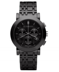 This Burberry watch features a black ceramic check bracelet an round black stainless steel case. Black chronograph dial with stick indices, logo, date window and three subdials. Swiss made. Quartz movement. Water resistant to 50 meters. Two-year limited warranty.