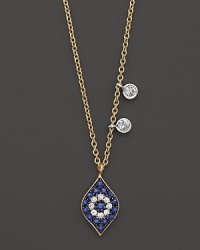 Diamonds and sapphires form a dazzling evil eye charm on a 14K yellow gold chain. By Meira T. Diamonds and sapphires form a dazzling evil eye charm on a 14K yellow gold chain. By Meira T.