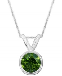 Burst onto the style scene. A round-cut, bezel-set green diamond (1 ct. t.w.) shines in a luminous 14k white gold setting. Approximate length: 18 inches. Approximate drop: 1/2 inch. Burst onto the style scene. A round-cut, bezel-set green diamond (1 ct. t.w.) shines in a luminous 14k white gold setting. Approximate length: 18 inches. Approximate drop: 1/2 inch.