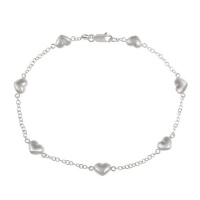 Sterling Silver Anklet with Puffy Heart Stations, 10 Sterling Silver Anklet with Puffy Heart Stations, 10