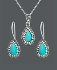 Flaunt everyone's favorite summer color. Pear-cut simulated turquoise stones shimmer with the addition of marcasite accents. Genevieve & Grace jewelry set crafted in sterling silver. Approximate necklace length: 18 inches. Approximate pendant drop: 13/16 inch. Approximate earring diameter: 1 inch. Flaunt everyone's favorite summer color. Pear-cut simulated turquoise stones shimmer with the addition of marcasite accents. Genevieve & Grace jewelry set crafted in sterling silver. Approximate necklace length: 18 inches. Approximate pendant drop: 13/16 inch. Approximate earring diameter: 1 inch.