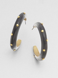 From the Lucite Collection. Smooth, simple half hoops of hand-painted, hand-sculpted Lucite, sprinkled with golden studs.LuciteGoldtoneDiameter, about 1.9Post backMade in USA From the Lucite Collection. Smooth, simple half hoops of hand-painted, hand-sculpted Lucite, sprinkled with golden studs.LuciteGoldtoneDiameter, about 1.9Post backMade in USA
