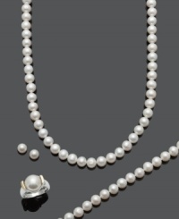 Who says you can't have it all? Epitomize classic beauty for years to come in Belle de Mer's traditional jewelry set. Cultured freshwater pearls (7-12 mm) adorn a long strand necklace, bracelet, ring, and pair of stud earrings. Setting crafted in 14k gold. Ring setting crafted in sterling silver and 14k gold. Size 7. Approximate necklace length: 54 inches. Approximate bracelet length: 7-1/2 inches. Approximate earring diameter: 1/4 inch. Who says you can't have it all? Epitomize classic beauty for years to come in Belle de Mer's traditional jewelry set. Cultured freshwater pearls (7-12 mm) adorn a long strand necklace, bracelet, ring, and pair of stud earrings. Setting crafted in 14k gold. Ring setting crafted in sterling silver and 14k gold. Size 7. Approximate necklace length: 54 inches. Approximate bracelet length: 7-1/2 inches. Approximate earring diameter: 1/4 inch.