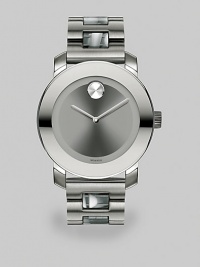 Bold watch with a ion-plated grey stainless steel case and a horn-print accented link bracelet. Swiss quartz movementWater resistant to 3 ATMRound ion-plated grey stainless steel case, 36mm (1.4) Mirrored bezelSilvertone dialHorn-printed, translucent acetate and ion-plated grey stainless steel link braceletMade in Switzerland Bold watch with a ion-plated grey stainless steel case and a horn-print accented link bracelet. Swiss quartz movementWater resistant to 3 ATMRound ion-plated grey stainless steel case, 36mm (1.4) Mirrored bezelSilvertone dialHorn-printed, translucent acetate and ion-plated grey stainless steel link braceletMade in Switzerland