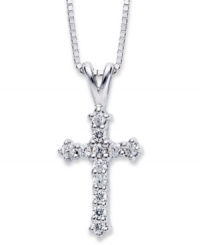 A sparkling representation of your faith. Crafted in 14k white gold, this stunning cross pendant is covered in round-cut diamonds (1/10 ct. t.w.). Approximate length: 18 inches. Approximate drop: 11/16 inch. A sparkling representation of your faith. Crafted in 14k white gold, this stunning cross pendant is covered in round-cut diamonds (1/10 ct. t.w.). Approximate length: 18 inches. Approximate drop: 11/16 inch.