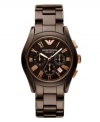 Guilty pleasure. Rich, dessert-worthy tones sweeten up this watch by Emporio Armani. Brown ceramic bracelet and round case. Brown chronograph dial features rose-gold tone Roman numerals, three subdials, date window, luminous hands and logo. Quartz movement. Water resistant to 30 meters. Two-year limited warranty.