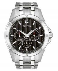 Sleekness and function combine in this multi-functional men's watch from Bulova. Silvertone stainless steel bracelet and round case. Round black dial with three subdials, logo and stick indices. Quartz movement. Water resistant to 30 meters. Three-year limited warranty. Sleekness and function combine in this multi-functional men's watch from Bulova. Silvertone stainless steel bracelet and round case. Round black dial with three subdials, logo and stick indices. Quartz movement. Water resistant to 30 meters. Three-year limited warranty.
