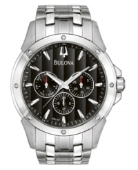 Sleekness and function combine in this multi-functional men's watch from Bulova. Silvertone stainless steel bracelet and round case. Round black dial with three subdials, logo and stick indices. Quartz movement. Water resistant to 30 meters. Three-year limited warranty.