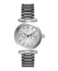 Vibrant, blue hands make everyday brighter with this Gc Swiss Made Timepieces watch. Stainless steel bracelet and round case. Silvertone sunray dial features numerals at twelve and six o'clock, stick indices, day and date subdials and blue hands. Swiss movement. Ten-year limited warranty. Luxury Gc gift box packaging included. Vibrant, blue hands make everyday brighter with this Gc Swiss Made Timepieces watch. Stainless steel bracelet and round case. Silvertone sunray dial features numerals at twelve and six o'clock, stick indices, day and date subdials and blue hands. Swiss movement. Ten-year limited warranty. Luxury Gc gift box packaging included.
