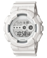 Blinding style from G-Shock. This all-white sport watch is a helpful guide while on-the-go with world time and alarm functions. Blinding style from G-Shock. This all-white sport watch is a helpful guide while on-the-go with world time and alarm functions.
