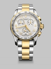 Classic and sleek, in a traditional chronograph style crafted with superior Swiss technique.Precision Swiss quartz analog movementWater resistant to 10 ATMStainless steel case; 41mm diameter (1.61)Tachymeter scaleChronograph dialsAnti-reflective sapphire crystalLuminous hands and numeralsDate display at 6:00Second handStainless steel bracelet; 21mm wideMade in Switzerland Classic and sleek, in a traditional chronograph style crafted with superior Swiss technique.Precision Swiss quartz analog movementWater resistant to 10 ATMStainless steel case; 41mm diameter (1.61)Tachymeter scaleChronograph dialsAnti-reflective sapphire crystalLuminous hands and numeralsDate display at 6:00Second handStainless steel bracelet; 21mm wideMade in Switzerland
