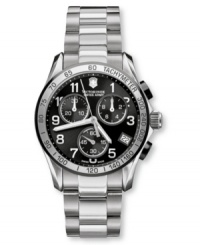 Rely on classic style by Victorinox Swiss Army. This watch features a stainless steel bracelet and round case with anti-reflective sapphire crystal. Black chronograph dial with silvertone numerals, logo, date window and three subdials. Swiss made. Swiss movement. Water resistant to 100 meters. Three-year limited warranty. Rely on classic style by Victorinox Swiss Army. This watch features a stainless steel bracelet and round case with anti-reflective sapphire crystal. Black chronograph dial with silvertone numerals, logo, date window and three subdials. Swiss made. Swiss movement. Water resistant to 100 meters. Three-year limited warranty.