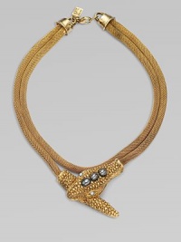 A remarkable piece with a dual row of twisted chains and a gemstone adorned snake head and tail. 14K goldplated Lapis and hematite stones Length, about 18 Lobster clasp closure Pendant width, about 3 Made in USA A remarkable piece with a dual row of twisted chains and a gemstone adorned snake head and tail. 14K goldplated Lapis and hematite stones Length, about 18 Lobster clasp closure Pendant width, about 3 Made in USA