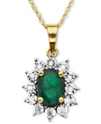 Totally glam in green. This beautiful pendant combines oval-cut emerald (7/8 ct. t.w.) and round-cut diamond accents in a chic, 10k gold setting. Approximate length: 18 inches. Approximate drop: 3/4 inch. Totally glam in green. This beautiful pendant combines oval-cut emerald (7/8 ct. t.w.) and round-cut diamond accents in a chic, 10k gold setting. Approximate length: 18 inches. Approximate drop: 3/4 inch.