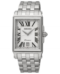 With a stylish rectangular case, this Premier collection watch from Seiko updates your office attire. With a stylish rectangular case, this Premier collection watch from Seiko updates your office attire.