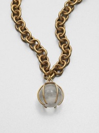 An exquisite bead of clear quartz held in an unique pronged setting on a chunky 14k goldplated link chain. Clear quartz14k goldplated brassLength, about 20Pendant size, about 1S-hook closureMade in USA An exquisite bead of clear quartz held in an unique pronged setting on a chunky 14k goldplated link chain. Clear quartz14k goldplated brassLength, about 20Pendant size, about 1S-hook closureMade in USA