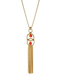 Drop in on the hot tassel trend! Kenneth Cole New York's pendant necklace highlights round coral resin beads in linked ring setting with dangling gold tone chains. Crafted in gold tone mixed metal. Approximate length: 26 inches + 3-inch extender. Approximate drop: 7-1/4 inches. Drop in on the hot tassel trend! Kenneth Cole New York's pendant necklace highlights round coral resin beads in linked ring setting with dangling gold tone chains. Crafted in gold tone mixed metal. Approximate length: 26 inches + 3-inch extender. Approximate drop: 7-1/4 inches.