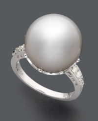 Enchant your audience with this pristine ring. Highlighting a cultured South Sea pearl and sparkling diamond side stones (1/5 ct. t.w.), this is a timeless and versatile piece for your accessory collection. Crafted in 14k white gold. Enchant your audience with this pristine ring. Highlighting a cultured South Sea pearl and sparkling diamond side stones (1/5 ct. t.w.), this is a timeless and versatile piece for your accessory collection. Crafted in 14k white gold.
