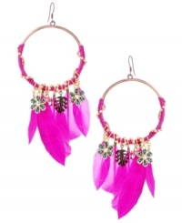 Feathery and fashionable. Betsey Johnson's antique gold tone mixed metal earrings feature fun fuchsia feathers and blue and black leopard flowers, green leaves, and crystal accents all dripping from fuchsia wrapped hoops. Approximate drop: 6 inches. Approximate diameter: 2-1/4 inches. Feathery and fashionable. Betsey Johnson's antique gold tone mixed metal earrings feature fun fuchsia feathers and blue and black leopard flowers, green leaves, and crystal accents all dripping from fuchsia wrapped hoops. Approximate drop: 6 inches. Approximate diameter: 2-1/4 inches.