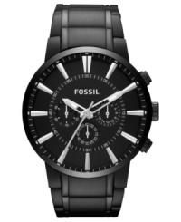 Look bold in black and silver. This chronograph watch from Fossil is a masculine design, boasting expert precision. Look bold in black and silver. This chronograph watch from Fossil is a masculine design, boasting expert precision.