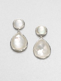 From the Wonderland Collection. The creamy luster of mother-of-pearl is fashioned in a snowman setting with a circle atop a teardrop, both set in textured sterling silver.Mother-of-pearlSterling silverDrop, about .9Post backImported