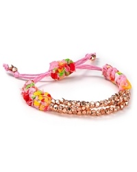 The classic friendship bracelet has officially gone glam. Shashi adds mutli-colored cord and three rows off gold-plated nuggets for a look with bright now appeal. The classic friendship bracelet has officially gone glam. Shashi adds mutli-colored cord and three rows off gold-plated nuggets for a look with bright now appeal.