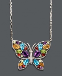 Take your look to new heights with this fluttering butterfly. Multistone pendant features amethyst (2-1/5 ct. t.w.), citrine (1-9/10 ct. t.w.), garnet (5/8 ct. t.w.), peridot (1-3/8 ct. t.w.) and Swiss blue topaz (3-1/2 ct. t.w.) with sparkling diamond accents. Setting and chain crafted in sterling silver. Approximate length: 18 inches. Approximate drop: 1-1/4 inches. Take your look to new heights with this fluttering butterfly. Multistone pendant features amethyst (2-1/5 ct. t.w.), citrine (1-9/10 ct. t.w.), garnet (5/8 ct. t.w.), peridot (1-3/8 ct. t.w.) and Swiss blue topaz (3-1/2 ct. t.w.) with sparkling diamond accents. Setting and chain crafted in sterling silver. Approximate length: 18 inches. Approximate drop: 1-1/4 inches.