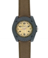 Keep Mother Nature happy and proudly wear one of her finer creations: this watch by Sprout crafted from at least 86% eco-friendly materials. Olive green organic cotton strap and round charcoal gray corn resin case. Gray corn resin sport bezel engraved with numerals. Natural bamboo dial features olive corn resin reflector ring, printed numerals and stick indices, luminous minute and hour hands, red sweeping second hand and logo. Quartz movement. Limited lifetime warranty. Keep Mother Nature happy and proudly wear one of her finer creations: this watch by Sprout crafted from at least 86% eco-friendly materials. Olive green organic cotton strap and round charcoal gray corn resin case. Gray corn resin sport bezel engraved with numerals. Natural bamboo dial features olive corn resin reflector ring, printed numerals and stick indices, luminous minute and hour hands, red sweeping second hand and logo. Quartz movement. Limited lifetime warranty.