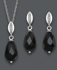Dramatic drops add depth to your look. Faceted onyx (8 mm x 12 mm) and sparkling diamond accents adorn this matching pendant and drop earrings set. Crafted in sterling silver. Approximate length: 18 inches. Approximate pendant drop: 3/4 inch. Approximate earring drop: 3/4 inch. Dramatic drops add depth to your look. Faceted onyx (8 mm x 12 mm) and sparkling diamond accents adorn this matching pendant and drop earrings set. Crafted in sterling silver. Approximate length: 18 inches. Approximate pendant drop: 3/4 inch. Approximate earring drop: 3/4 inch.