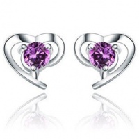Rhodium Plated 925 Silver Amethyst Heart Shape Stud Earrings-SE3050 Rhodium Plated 925 Silver Amethyst Heart Shape Stud Earrings-SE3050