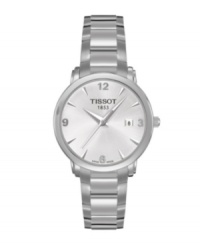 Less is more. Tissot's beautifully uncomplicated Everytime watch design makes a statement on its own.Stainless steel bracelet and round case. Simple silvertone dial features numerals at twelve, three, six and nine o'clock, date window at three o'clock, and black logo. Swiss movement. Water resistant to 30 meters. Two-year limited warranty. Less is more. Tissot's beautifully uncomplicated Everytime watch design makes a statement on its own.Stainless steel bracelet and round case. Simple silvertone dial features numerals at twelve, three, six and nine o'clock, date window at three o'clock, and black logo. Swiss movement. Water resistant to 30 meters. Two-year limited warranty.