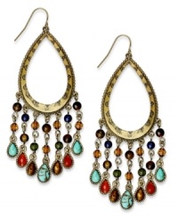 Bohemian beauties. Lauren Ralph Lauren's gypsy earrings flaunt pear-shaped hoops dangling semi-precious tiger's eye and amethyst beads. Set in gold tone mixed metal. Approximate drop: 2-3/4 inches. Approximate diameter: 1 inch. Bohemian beauties. Lauren Ralph Lauren's gypsy earrings flaunt pear-shaped hoops dangling semi-precious tiger's eye and amethyst beads. Set in gold tone mixed metal. Approximate drop: 2-3/4 inches. Approximate diameter: 1 inch.