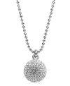 On the ball. This trendy long pendant by Michael Kors puts the chic back into disco with pave-set crystal accents and a silver tone mixed metal setting. Pendant strung from a ball chain with a toggle clasp and MK lock charm. Approximate length: 32 inches. Approximate drop: 5/6 inch.