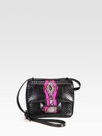 This petite design features beautifully printed python in a graphic style.Adjustable shoulder strap, 13½-25 dropMagnetic snap flap closureOne open pocket under flapOne inside open pocketCotton lining7W X 5½H X 2DImported This petite design features beautifully printed python in a graphic style.Adjustable shoulder strap, 13½-25 dropMagnetic snap flap closureOne open pocket under flapOne inside open pocketCotton lining7W X 5½H X 2DImported