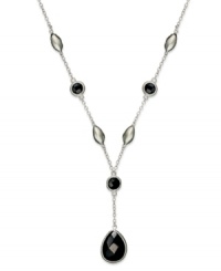 Adorn your neckline with an elegant Y. Pear and round-cut onyx gemstones (6-3/8 ct. t.w.) and marquise-shaped silver beads adorn this delicate sterling silver necklace. Approximate length: 18 inches. Approximate drop: 1-3/4 inches. Adorn your neckline with an elegant Y. Pear and round-cut onyx gemstones (6-3/8 ct. t.w.) and marquise-shaped silver beads adorn this delicate sterling silver necklace. Approximate length: 18 inches. Approximate drop: 1-3/4 inches.
