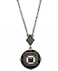 Timely fashion. T Tahari captures the spirit of the Art Deco era with this necklace, crafted from silver-tone mixed metal. The pendant has a fuchsia crystal accent offset by silver-tone metal on black enamel for a dazzling touch. Base metal is nickel-free for sensitive skin. Approximate length: 18 inches + 3-inch extender. Approximate drop: 2-1/4 inches. Timely fashion. T Tahari captures the spirit of the Art Deco era with this necklace, crafted from silver-tone mixed metal. The pendant has a fuchsia crystal accent offset by silver-tone metal on black enamel for a dazzling touch. Base metal is nickel-free for sensitive skin. Approximate length: 18 inches + 3-inch extender. Approximate drop: 2-1/4 inches.
