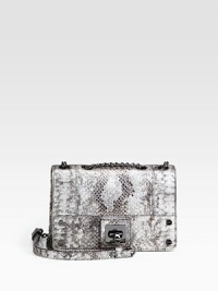 Python-embossed leather lends exotic style to this compact flap-top design with a versatile chain strap. Chain shoulder strap, single strap long 22 drop, doubled 11½ longTurn-lock on flap closureOne back open pocketOne inside zip pocketOne inside open pocketCotton lining8¼W X 5½H X 2½DImported Python-embossed leather lends exotic style to this compact flap-top design with a versatile chain strap. Chain shoulder strap, single strap long 22 drop, doubled 11½ longTurn-lock on flap closureOne back open pocketOne inside zip pocketOne inside open pocketCotton lining8¼W X 5½H X 2½DImported