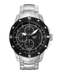 A multifunctional piece of Swiss adventurism, by Tissot. The T-Navigator watch is crafted of stainless steel bracelet and round case. Black bezel features directional markers. Black dial features tachymeter scale, minute track, date window at three o'clock, three hands, black numerals at three, six, nine and twelve o'clock and logo. Swiss automatic movement. Water resistant to 30 meters. Two-year limited warranty. A multifunctional piece of Swiss adventurism, by Tissot. The T-Navigator watch is crafted of stainless steel bracelet and round case. Black bezel features directional markers. Black dial features tachymeter scale, minute track, date window at three o'clock, three hands, black numerals at three, six, nine and twelve o'clock and logo. Swiss automatic movement. Water resistant to 30 meters. Two-year limited warranty.