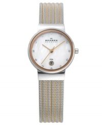 Show your stripes. The rose and silver tone mesh bracelet on this Skagen Denmark watch creates an elegant silhouette. Show your stripes. The rose and silver tone mesh bracelet on this Skagen Denmark watch creates an elegant silhouette.