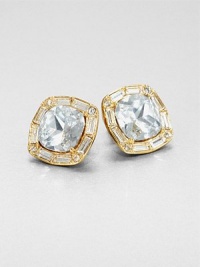 From the On the Town Collection. This sophisticated squared setting shimmers with a faceted center stone surrounded by baguettes with tiny round stones at the corners.GlassGoldtoneAbout .75 squarePost backImported From the On the Town Collection. This sophisticated squared setting shimmers with a faceted center stone surrounded by baguettes with tiny round stones at the corners.GlassGoldtoneAbout .75 squarePost backImported