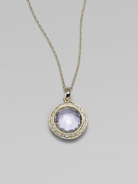 From the Lollipop Collection. Shimmer within shimmer, from a faceted clear quartz, framed in diamonds, hanging on a graceful chain. Clear quartz Diamonds, 0.14 tcw 18k yellow gold Chain length, about 16 with 2 extender Pendant diameter, about ½ Lobster clasp Imported From the Lollipop Collection. Shimmer within shimmer, from a faceted clear quartz, framed in diamonds, hanging on a graceful chain. Clear quartz Diamonds, 0.14 tcw 18k yellow gold Chain length, about 16 with 2 extender Pendant diameter, about ½ Lobster clasp Imported