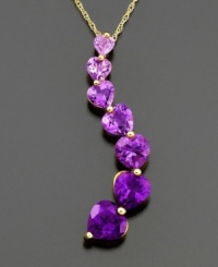 Follow the trail to her heart. Each heart-shaped amethyst (2-3/8 ct. t.w.) is a shade darker than the one before, creating a beautiful and unique look she'll love. Set in 14k gold. Chain measures 18 inches; drop measures 1-1/3 inches. Follow the trail to her heart. Each heart-shaped amethyst (2-3/8 ct. t.w.) is a shade darker than the one before, creating a beautiful and unique look she'll love. Set in 14k gold. Chain measures 18 inches; drop measures 1-1/3 inches.